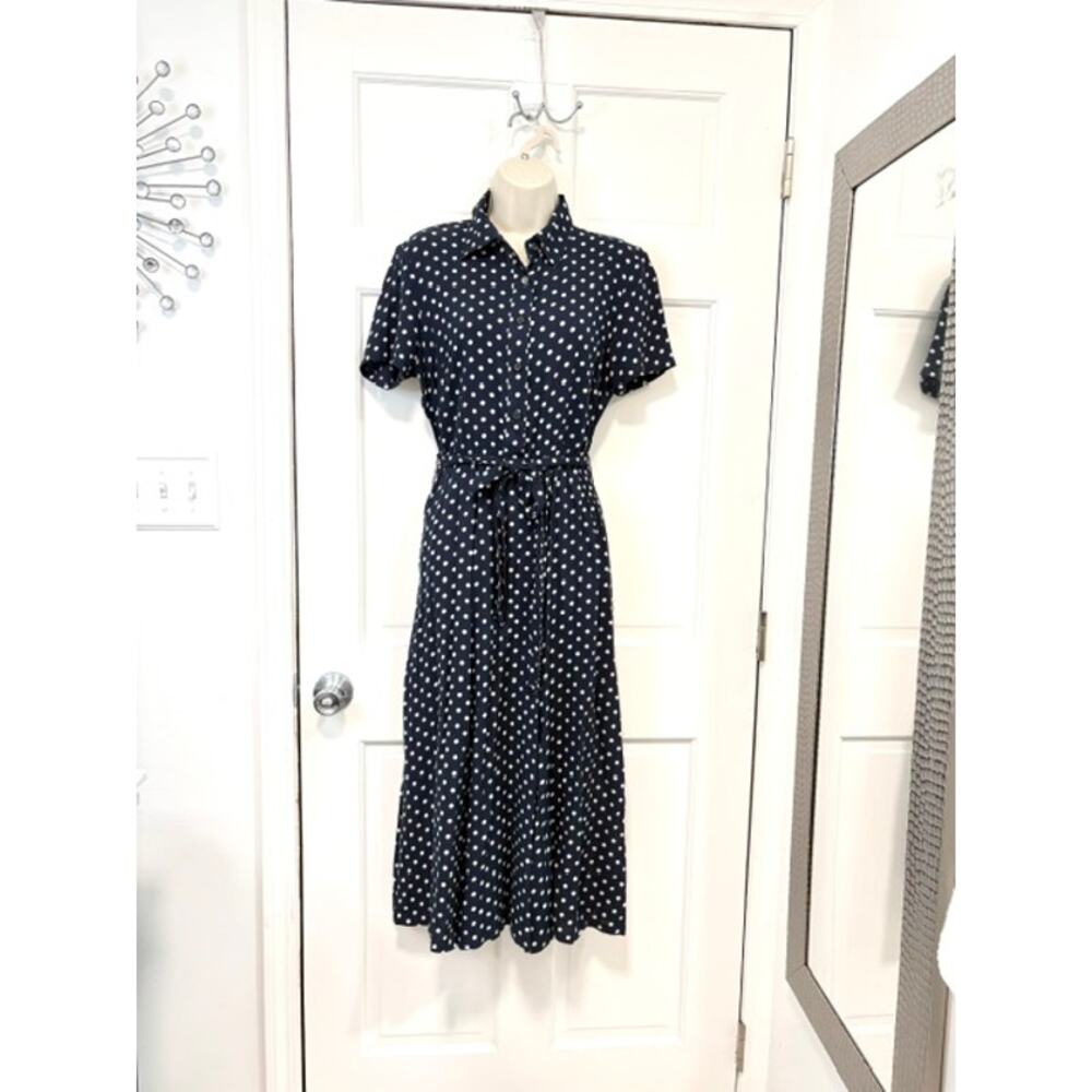 Orvis Polka Dot Midi Shirt Dress Size 6 Navy Blue Rayon Button Front Pockets - Picture 2 of 13